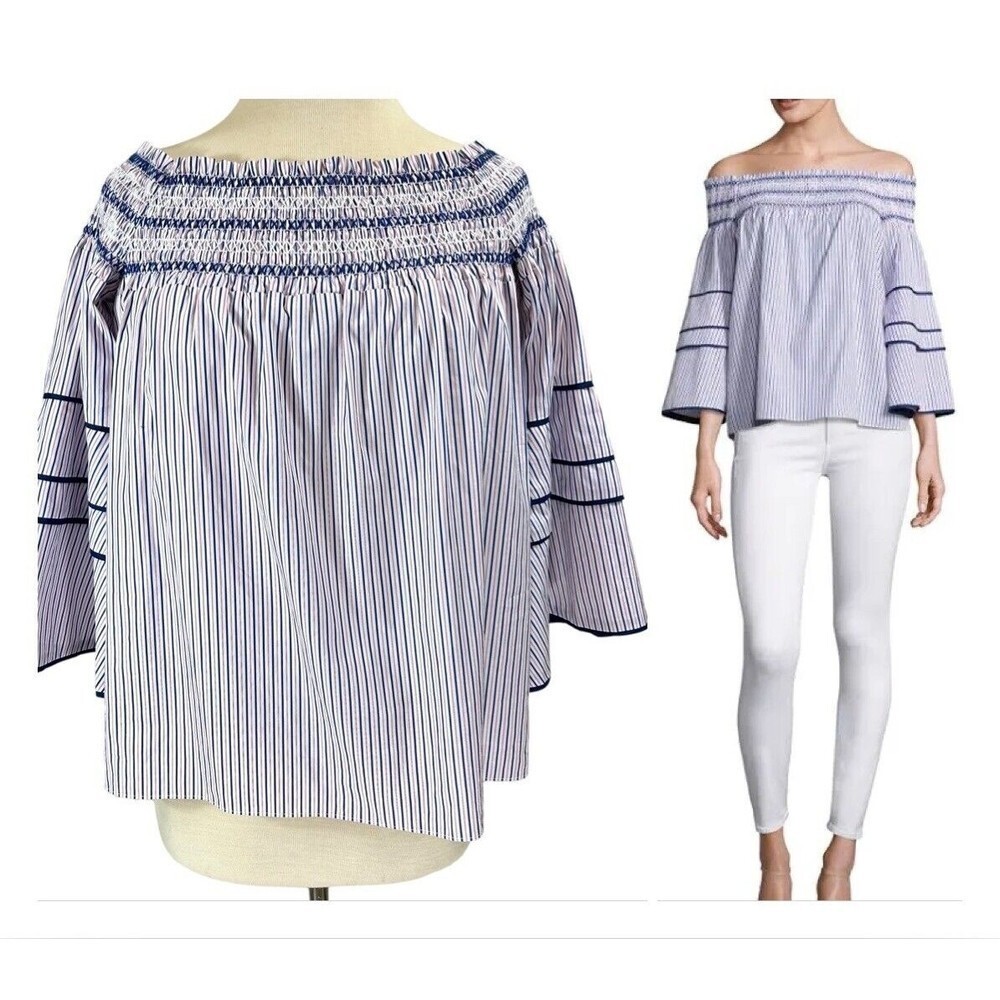 Parker Blouse Womens Medium Blue Red Stripe Smocked Cotton Off shoulder Boho